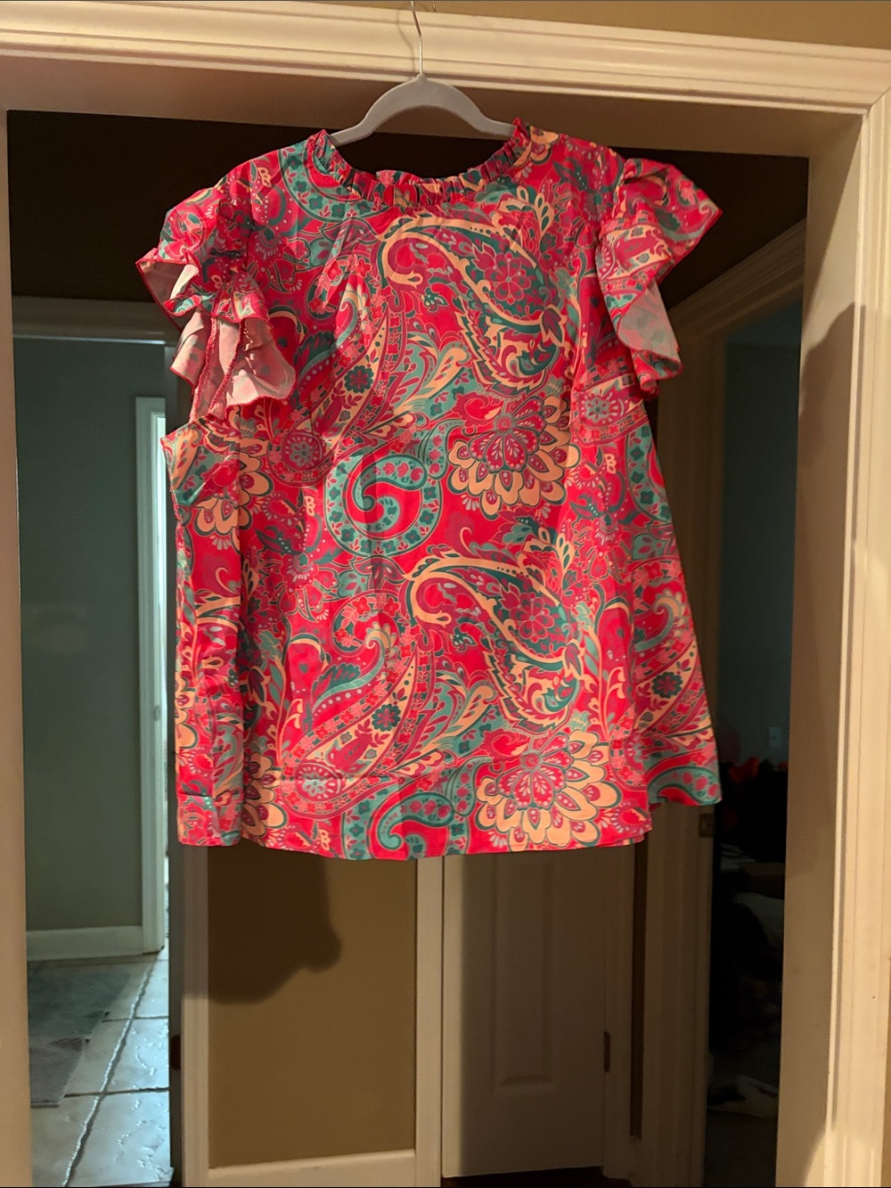 SHEIN Pink Turquoise Paisley Ruffle Sleeve Top